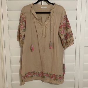 Tan mini dress with pink Embroidery
